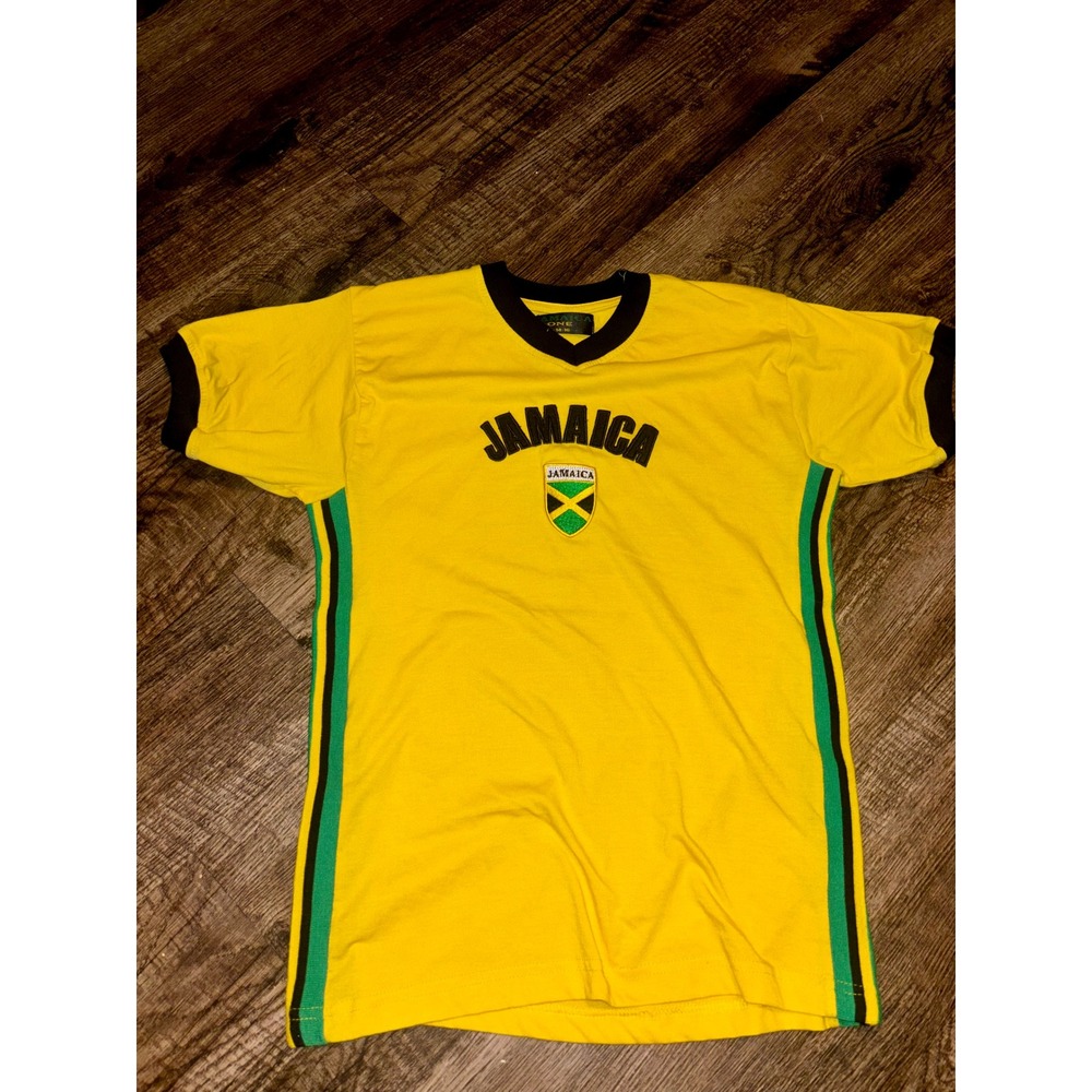 Jamaica One V-Neck Ringer Tee Yellow Soccer Jersey Style Shirt Youth 14-16